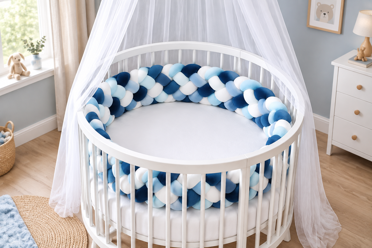 Lit bébé rond blanc avec moustiquaire et tresse 6 brins